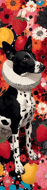 Free printable dog bookmark featuring spotted dog with clown attire